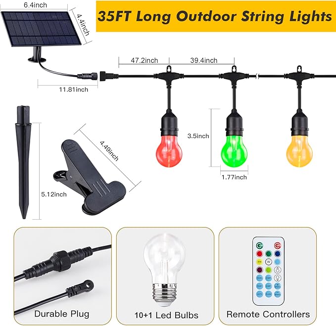 35FT Solar String Lights Outdoor, 11 Shatterproof LED Edison Bulbs, Dimmable RGB Color Changing Patio Lights with Remote. Waterproof for Garden Commercial Solar-Powered Decorative Lighting