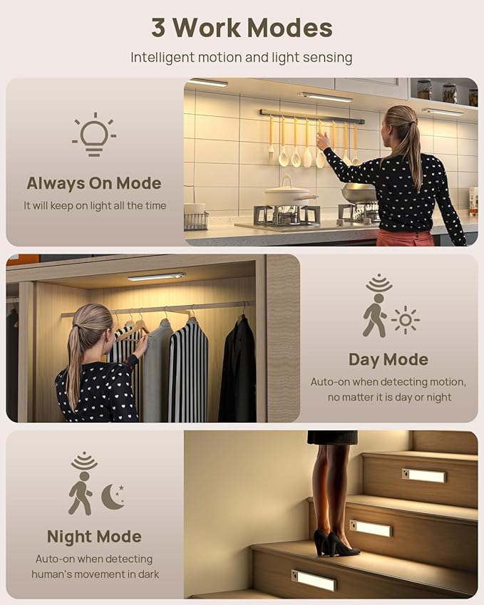 9" Under Cabinet Lighting Wireless, Motion Sensor Light Indoor with Remote, LED Rechargeable Closet Light, 3 Color Temps, Dimmable, Magnetic, Under Counter Lights for Kitchen, Stairs, Pantry