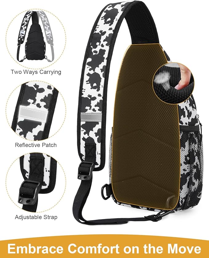 Pritent Crossbody Bags for Women Man Waterproof Sling Bag Backpack Trendy Casual Cross Body Bag with Convertible Shoulder Strap Chest Bag for Camping Hiking Travel Essentials (Cow print, Large )