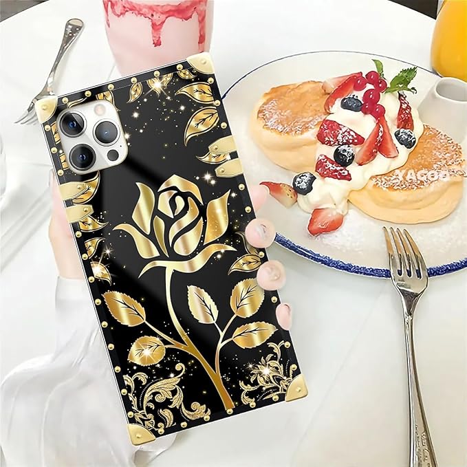 Compatible with iPhone 12 Pro Max Case, Shine Gold Rose Luxury Golden Decoration for Girl Women Soft TPU Shockproof Protective Hard PC Back for iPhone 12 Pro Max