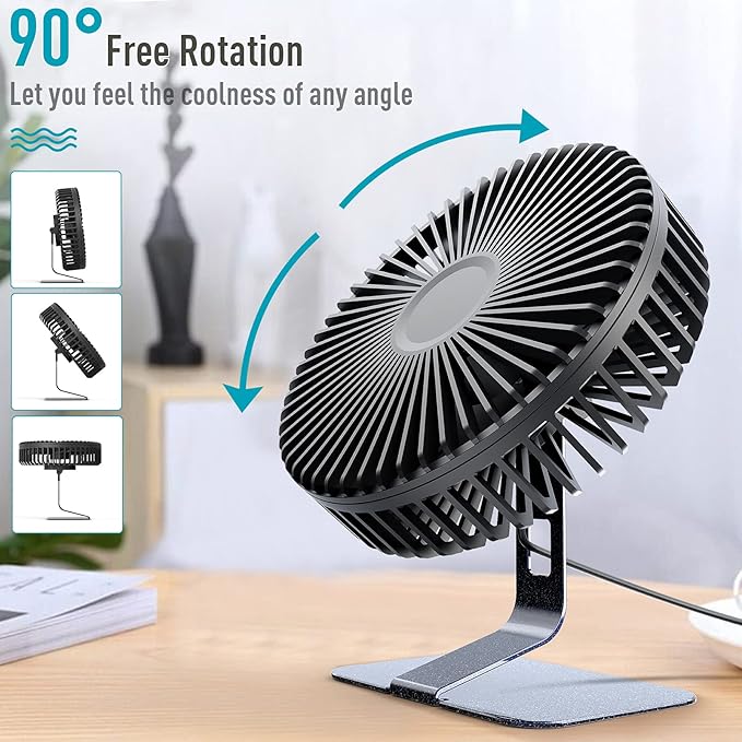 SLENPET 6-inch USB Small Desk Fan, 4 Speeds, Ultra-quiet, 90° Adjustment for Better Cooling, Portable Mini Powerful Desktop Table Fan, Personal Fan for Home Office, Metal Base, Black