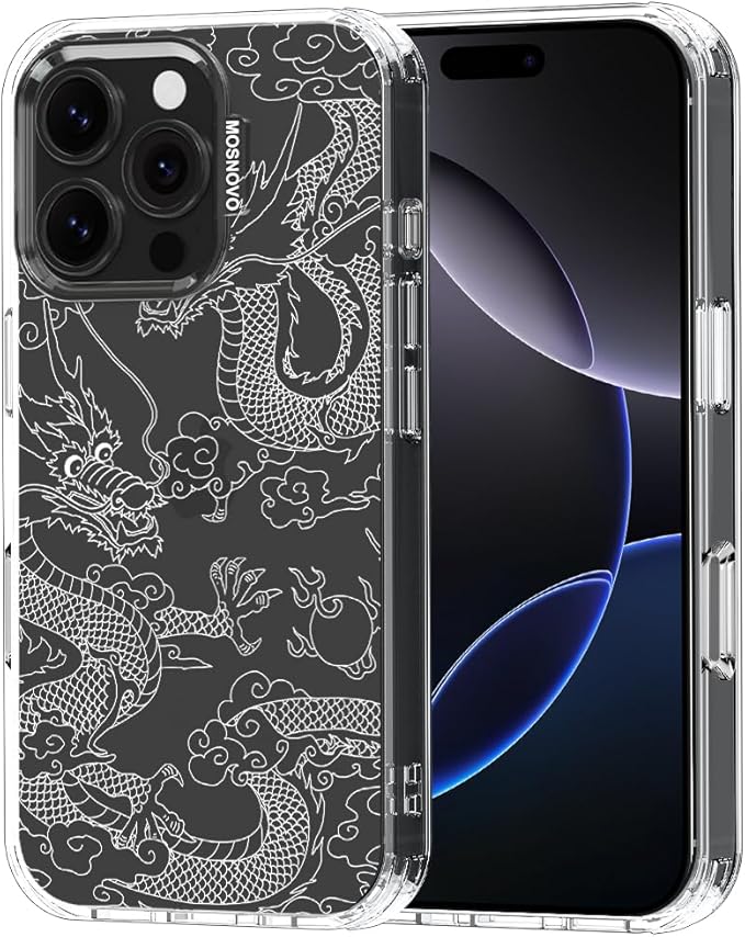 MOSNOVO Case for iPhone 16 Pro, [Buffertech 6.6ft Military-Grade Drop Protection] [Anti Peel Off Tech] Clear TPU Bumper Phone Case Cover Design - White Dragon