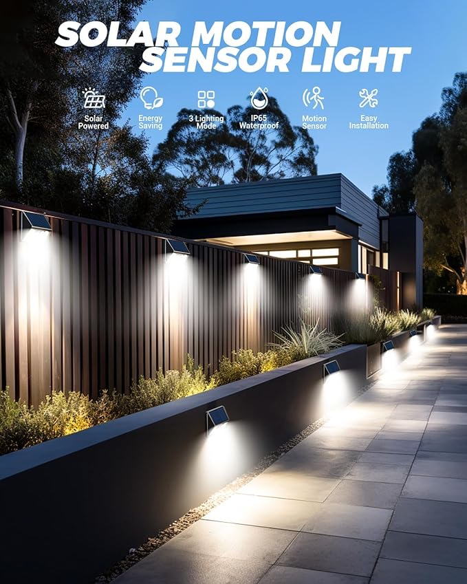 vighep 4 Pack Solar Motion Lights Outdoor, Waterproof Fence Lights Solar Powered with 3 Lighting Mode, Cold White LED Step Light for Outside Wall Yard Deck Stairs Garden - Black