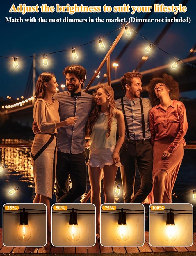 Brightever LED Outdoor String Lights 100FT Patio Lights with 30+2 Shatterproof S14 Dimmable Edison Bulbs, Vintage LED String Lights for Outside, Waterproof Bistro Lights for Party, Birthday, Holiday