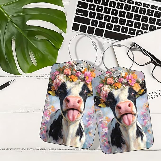 2Pcs Spring Floral Cow Luggage Tags for Suitcases, 2.83x4.53 Cute Farm Animal ID Labels with Privacy Cover, Aesthetic Flower Crown Bag Tags for Backpacks, Mothers Day Travel Gifts, Set of 2