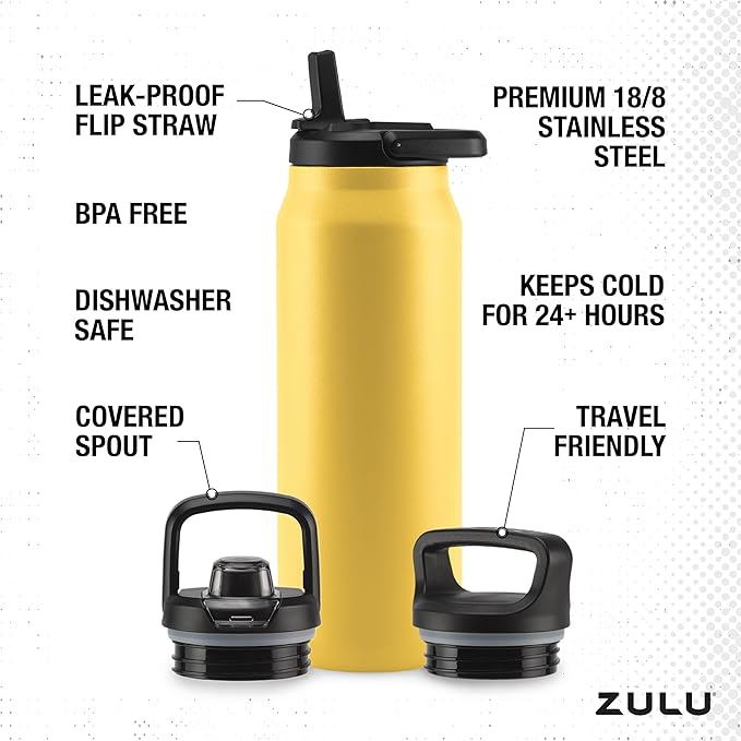 ZULU Base 40oz Stainless Steel Water Bottle with 3 Lids- Straw, Chug, Twist | Double Walled and Vacuum Insulated Metal Thermos | For Gym, Outdoor | Built in Carry Loop, Dishwasher Safe, Vitamin C