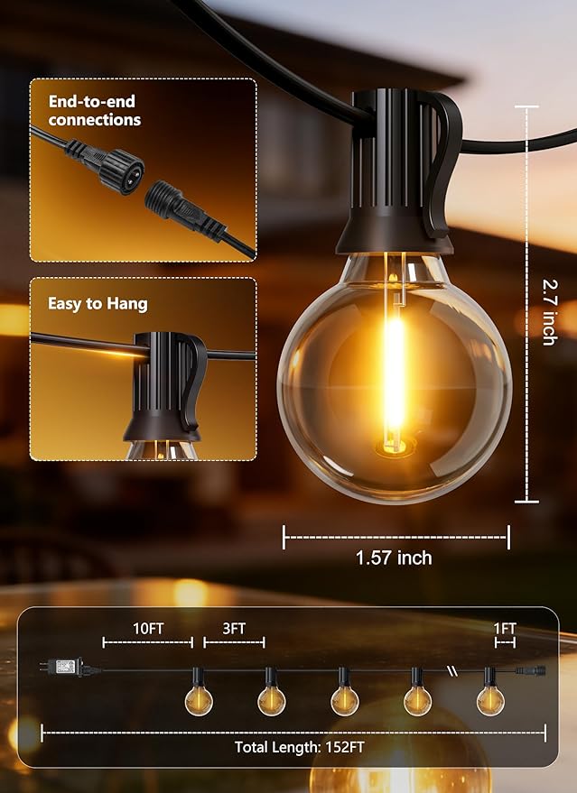 Brightown Outdoor String Lights, 152FT Shatterproof LED Patio Lights with 48 Dimmable Plastic G40 Bulbs, 2700K Waterproof Connectable Hanging String for Backyard, Cafe, Porch, Deck, Home Decor