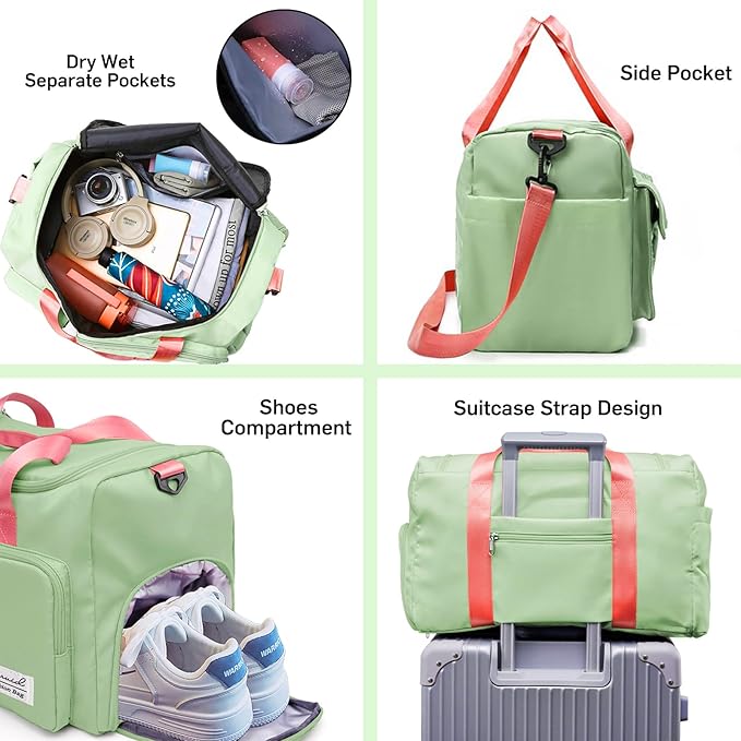 Suruid Travel Duffel Bag with Shoes Compartment Sports Gym Bag with Dry Wet Separated Pocket for Men and Women, Overnight Bag Weekender Bag Training Handbag Yoga Bag - Bright Green Pink