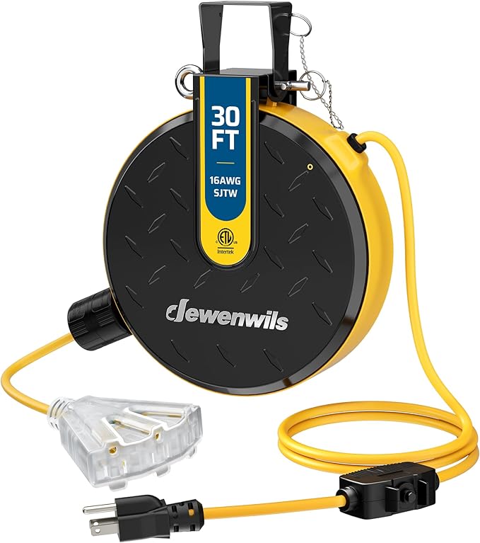 DEWENWILS 30FT Retractable Extension Cord Reel, Ceiling/Wall Mount 16/3 SJTW Power Cord with 3 Lighted Triple Outlets for Garage Shop, 10 Amp Circuit Breaker, Metal Plate, ETL Listed, Yellow