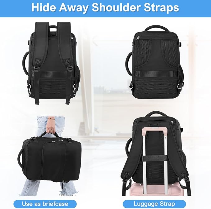 Sinaliy Travel Backpack, Carry on Flight approved Travel Bag with Multi-Pockets, Waterproof 17.3inch Laptop Backpack for Men Women, Black