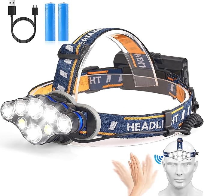 Elmchee Rechargeable Headlamp,18000 Lumen Bright 8 Led Head Lamp, 16 Modes Adjustable Motion Sensor Headlight with Red Light, Waterproof Head Flashlight for Outdoor Hiking Camping Blue
