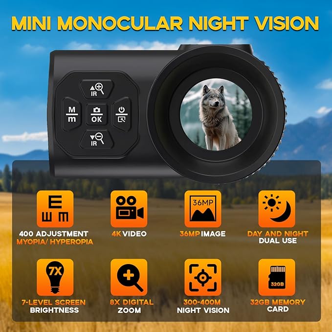 4K Night Vision Monocular for Adults – Infrared Digital Night Vision Device with Starlight Sensor, 7-Level IR Brightness, 8× Digital Zoom – for Hunting, Security, Wildlife & Outdoor Night Use
