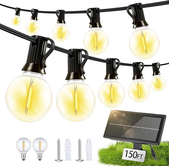 Solar Lights Outdoor Waterproof: G40 45M 150FT Shatterproof Bulbs Patio Lights - Solar Powered 3 Light Modes Solar Light - Camping Backyard Garden Deck Outside Yard