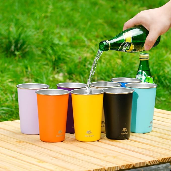 4 Pack Stainless Steel Cups 16oz - Colorful Stackable Metal Drinking Glasses for Camping, Travel, Shatterproof Tumblers