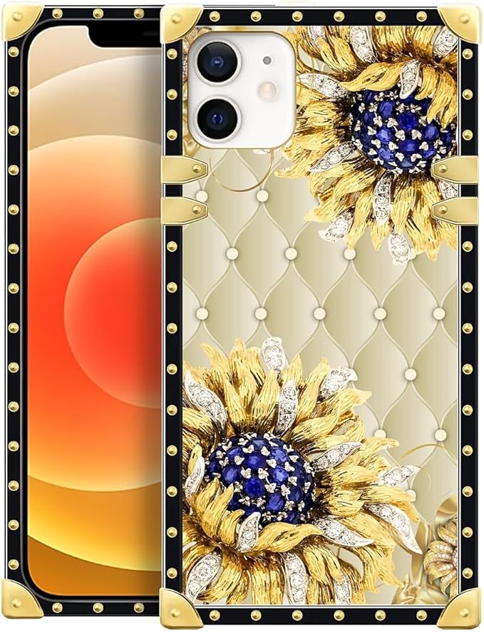 Compatible with iPhone 11 Case, Sunflower Diamonds Leather Luxury Golden Decoration for Girl Women Soft TPU Shockproof Protective Hard PC Back for iPhone 11