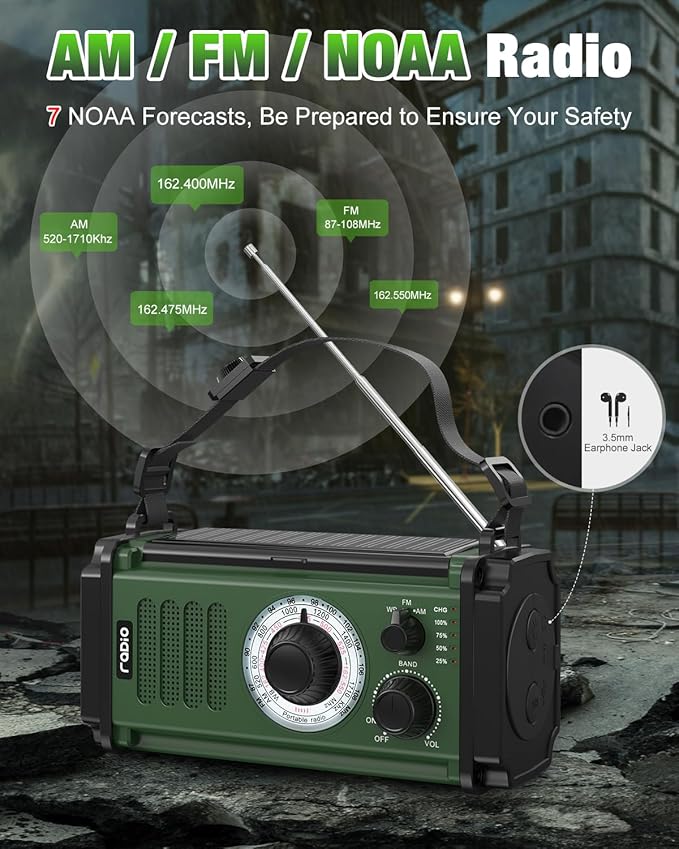 10000mAh/37000mWh Emergency Radio, Solar Radio, Hand Crank Radio, NOAA AM FM Weather Radio, 4 Charging Methods, Polymer Battery, Flashlight & Reading Lamp, SOS Alarm, Phone Charger for Emergency