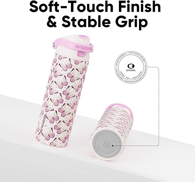 ENCOOL Leakproof Insulated Water Bottle with Straw Dual-Sip Water Bottle Bag-Safe Design for Work, Commute & Gym – Keeps Drinks Cold All Day, 32 oz, Blush Butterfly