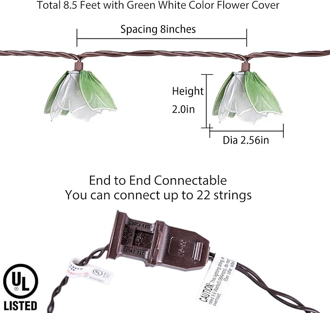TWINKVILLA Decorative String Lights Plug in with 10 Bulbs, Flower Garland Fairy Lights Connectable Weatherproof Outdoor Indoor for Wedding Pergola Bedroom Porch Floral Home Decor (Green White)