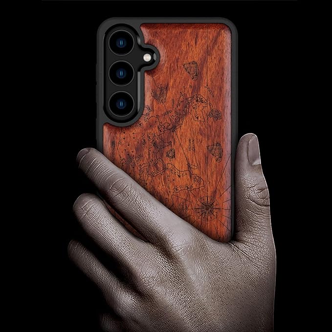 Carveit Wood Case for Galaxy S24 Plus Case [Natural Wood & Black Soft TPU] Shockproof Protective Cover Unique Wooden Design Compatible with S24 Plus (World Map-Rosy)