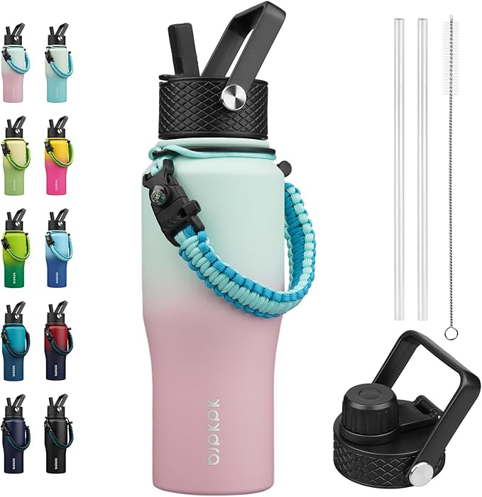 BJPKPK Insulated Water Bottles with Straw Lid, 23oz Metal Water Bottle with 2 lids & Paracord Strap, Double Wall Stainless Steel Vacuum Tumblers, Cups, Mugs, Thermo for Hot& Cold Drinks, Marshmallow