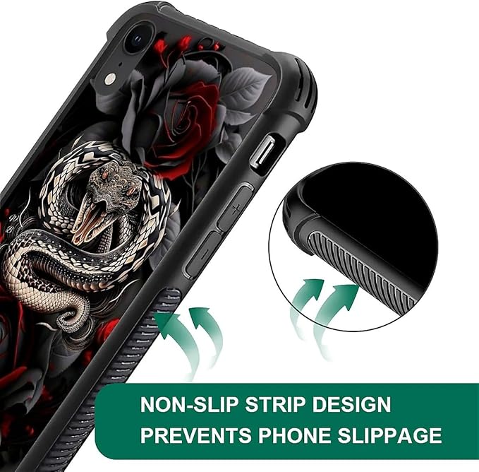for iPhone XR Case, Entwined Rose Snake Pattern Graphic Design Girl Boy Soft Silicone Hard Acrylic Shock Protection for iPhone XR