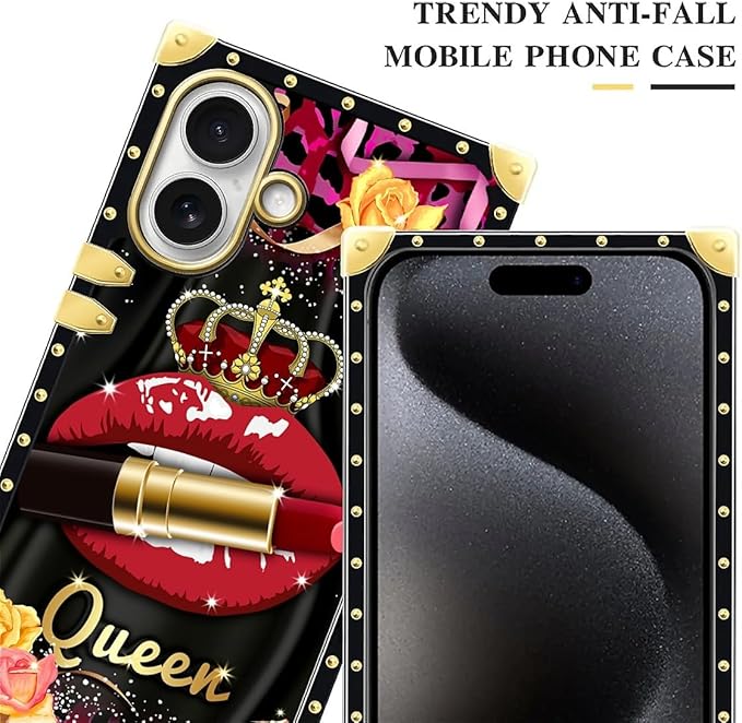 for iPhone 17 Case Luxury Golden Decoration for Girl Women Soft TPU Shockproof Protective Hard PC Back for iPhone 17 Crazy Pattern Queen Lip Crown Leopard Print