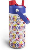 Kids Insualated Water Bottle with Straw,18oz Stainless Steel Water Bottle with Dual Spouts, Leak-Proof,BPA-Free,Double Wall Vacuum Keeps Cold for 24 Hours for Sports,Travel,School (White Hippo Parade)