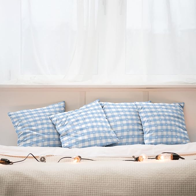 Ambesonne Checkered Decorative Throw Pillow Case Pack of 4, Gingham Motif with Little Hearts Pastel Blue Shower Theme, Cushion Cover for Couch Living Room Car, 16", Pale Blue White