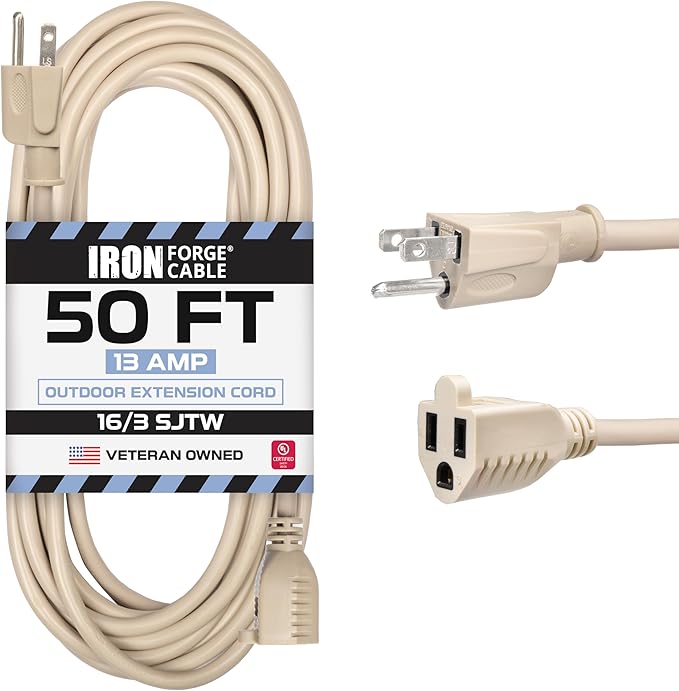 Iron Forge Cable Weatherproof 50 Ft Outdoor Extension Cord - 16/3 SJTW Heavy Duty Light Brown Extension Cord 3 Prong - 13 Amp Exterior Power Cable