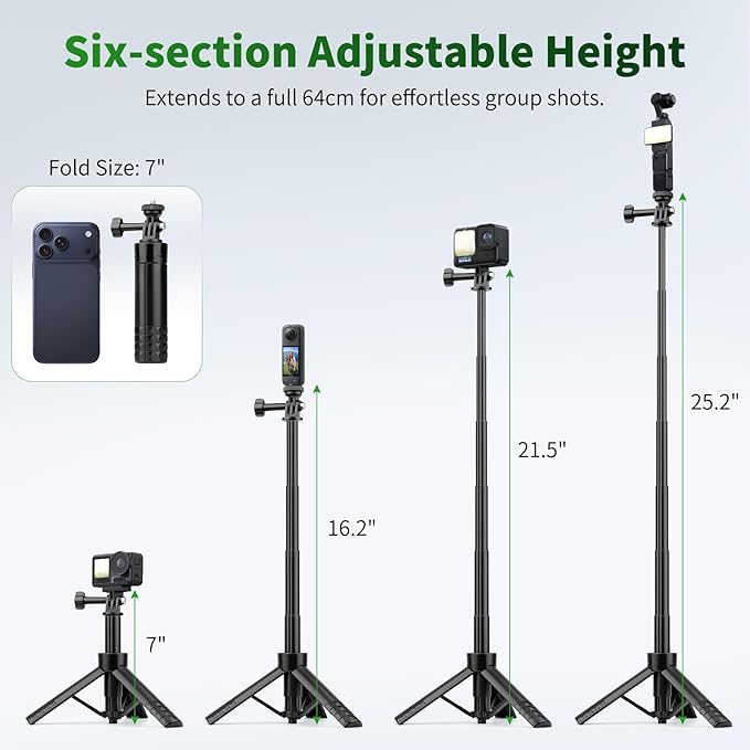 JOILCAN 25.2" Selfie Stick Tripod, Action Camera Vlog Tripod, Portable Handle Grip Stand for GoPro Hero 13/12/11/10, Insta360, DJI Osmo Action 6/5 Pro/4 & Pocket 3