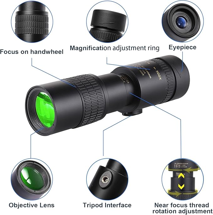 10-300x40 Monoculars for Adults High Powered – Zoom Monocular Telescope with BAK4 & FMC Lens for Concerts, Birdwatching, Stargazing (Smartphone Adapter &Tripod NOT Include)