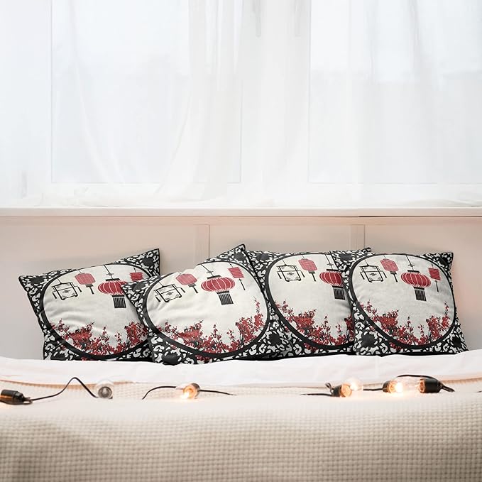Ambesonne Lantern Throw Pillow Cushion Case Pack of 4, Lanterns with Japanese Sakura Cherry Blossom Trees Round Ornate Graphic, Modern Accent Double-Sided Digital Printing, 18", Red Beige