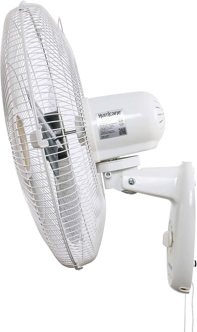 Hurricane 18" Supreme 90-Degree Oscillating Wall Mounted Fan with 3 Quiet Speeds, White - Indoor Air Cooling Unit with Adjustable Tilt and Pull Cords for Bedroom, Garage, Office, and Home