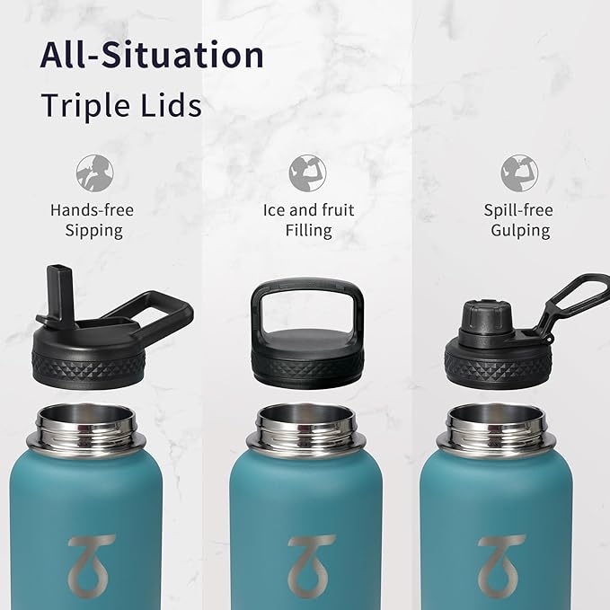 Trebo 32 oz Water Bottle Insulated with Paracord Handle and Straw, Vacuum Triple Wall Stainless Steel Water Jug Keep Cold 48 Hours, Water Flask with 3 Lids for Men women Sports Travel gift, Cyan Blue