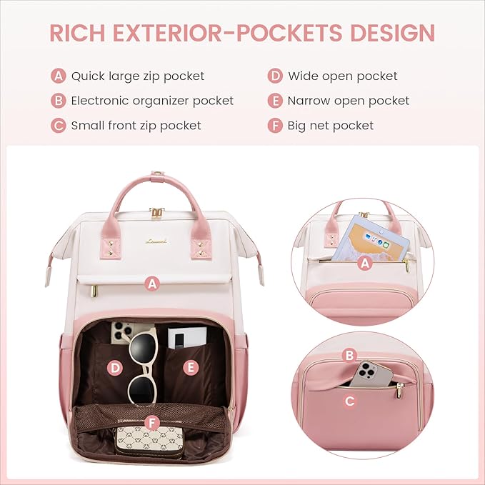 LOVEVOOK Leather Backpack for Women, 15.6 Inch Laptop Bag, Professional Work Tote for Nurse College Teacher, Computer Travel Purse, Beige White-Pink