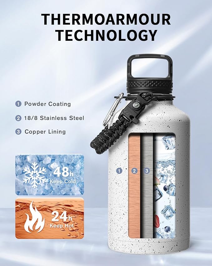 Trebo Water Bottle 64oz with Paracord Handle, Half Gallon Large Vacuum Triple Wall Stainless Steel Insulated Water Jug with Holder Strap Straw Spout Lids, Leakproof Keep Cold & Hot,Starry White