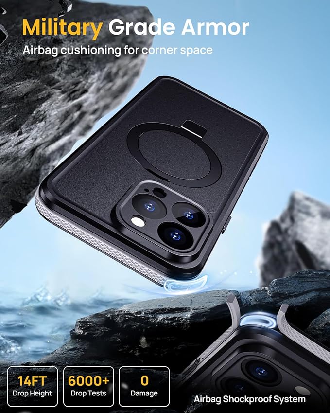 Lanhiem Magnetic for iPhone 16 Pro Max Waterproof Case, Dustproof Case Built-in Screen Protector, [Fit for MagSafe] [Invisible Stand] Shockproof Heavy Duty Underwater Case for 16 Pro Max (Black)