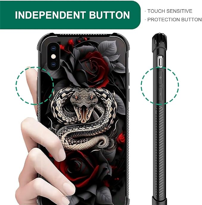 for iPhone Xs Max Case, Entwined Rose Snake Pattern Graphic Design Girl Boy Soft Silicone Hard Acrylic Shock Protection for iPhone Xs Max