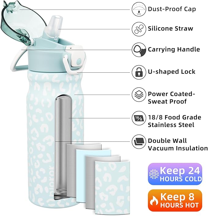 BJPKPK Insulated Water Bottle 18oz Stainless Steel Water Bottles with Straw and Carry Handle Double Wall Metal Thermal Flask,Light Blue Leopard