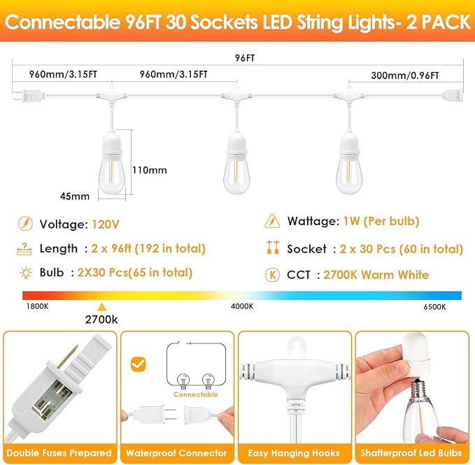 Mlambert 2 Pack 96FT Outdoor String Lights with 60+5 LED 2700K Plastic Bulbs, Dimmable Waterproof Lights for Patio Party-192FT in Total-White Cord