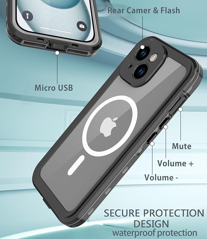 for iPhone 15 Plus Case Waterproof, [Shockproof] [Dustproof] [IP68 Waterproof] Full-Body Hard Case Built-in [Lens Screen Protection] for Diving Case (Black, for iPhone 15 Plus 6.7in)