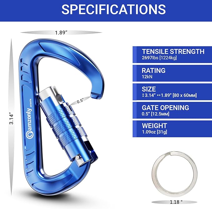 3inch Auto Locking Carabiner Clips Heavy Duty, 12KN /2697lbs Lightweight keychain carabiners, Sturdy Twist Lock Caribeeners for Camping Hiking Hammock Swing Backpack, dog leash and Harness etc