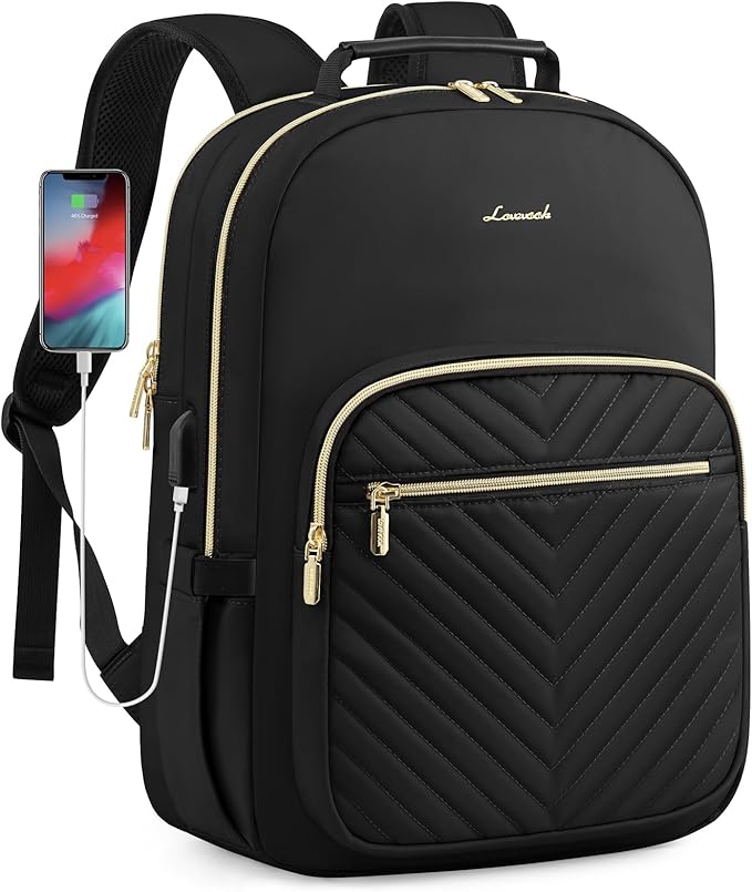LOVEVOOK Laptop Backpack for Women, Travel Computer Work Bags with 17-inch Laptop Compartment, College School Student Bag Teen Backpacks For Girls, Hiking Outdoor Carry On Backpack Purse, Black