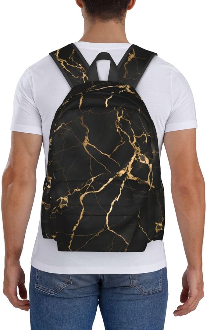cfpolar 17 Inch Backpack Black & Gold Marble Art Laptop Bag Shoulder Bag School Bookbag Casual Daypack For Boys Girls