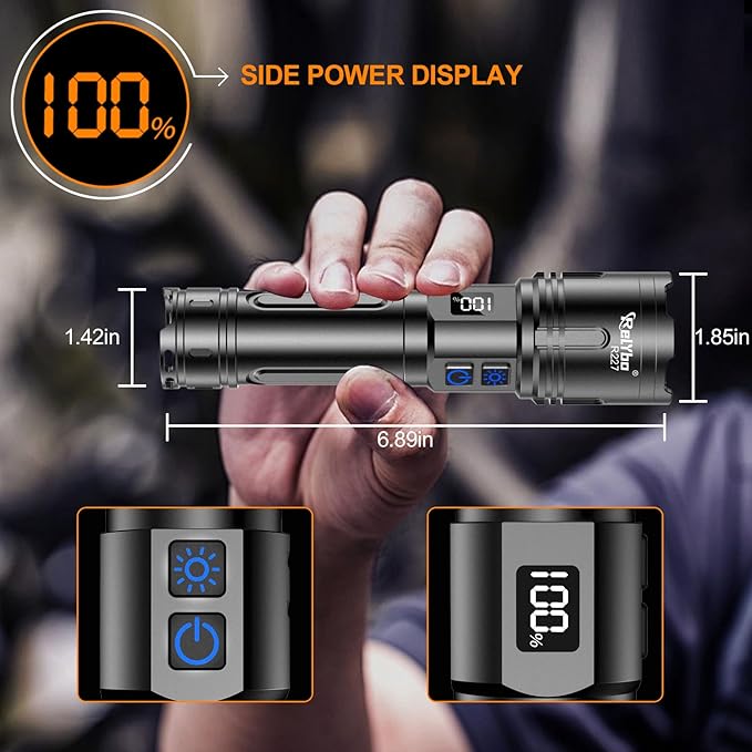 Relybo Rechargeable Flashlights High Lumens, LED Flashlight 100000 Lumens, Super Bright High Powered Flashlights, Long Rang 5000 FT, 2 Switch, Powerful Flashlights for Home Emergency Camping