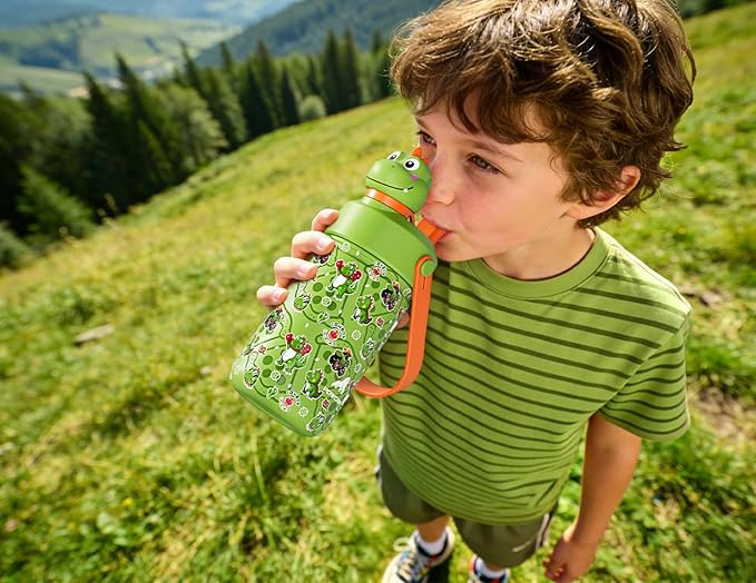 POWCAN 12 oz Kids Stainless Steel Water Bottle: 2-in-1 Straw Spout Lid with Soft Animal Head, Leakproof, Car Cupholder Friendly, Keep Cold 24H, Insulated Bottle for School, Sports, Camp (Cowboy Rex)