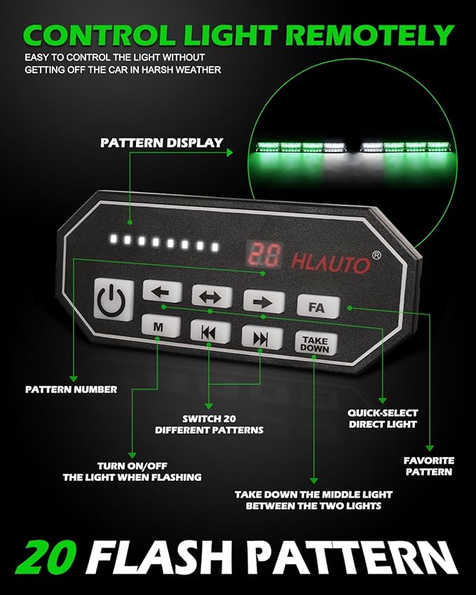 HLauto 604N Emergency Dash Strobe Lights: 2x16.8 inch Green Security Light w/Take Down, 48 LED Safety Flashing Warning Hazard Interior Windshield Light Bar for Truck Vehicle