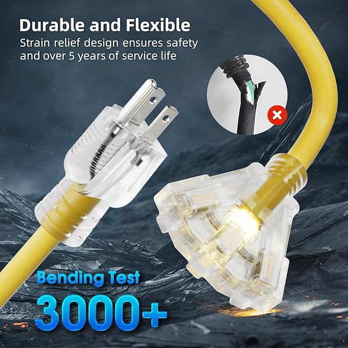 25 FT Outdoor Extension Cord with Multiple Outlets, 12 Gauge Heavy Duty Yellow Extension Cord Waterproof with 3 Outlet, 3 Prong Power Cord for Garden and Home Use Indicator Light, ETL Listed