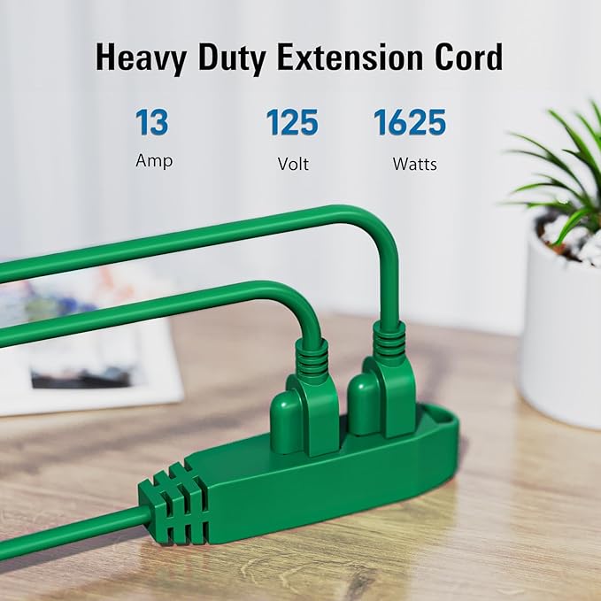 K KASONIC - 3-Feet 3 Outlet Extension Cord, UL Listed, 16/3 SJTW 3-Wire Grounded, 13 Amp 125 V 1625 Watts, Multi-Outlet Indoor/Outdoor Use, Green