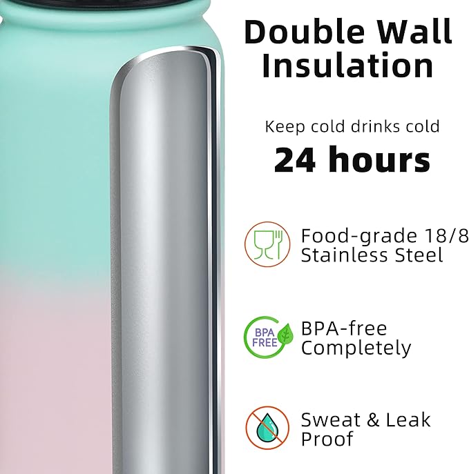 Fanhaw 40 oz Insulated Stainless Steel Water Bottle with Straw Lid, Leakproof Extra-Large Sports Bottle for Men & Women (Green Pink)